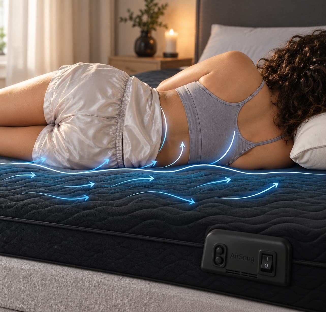 Sleeper on the AirSnug topper with airflow lines under and around her body